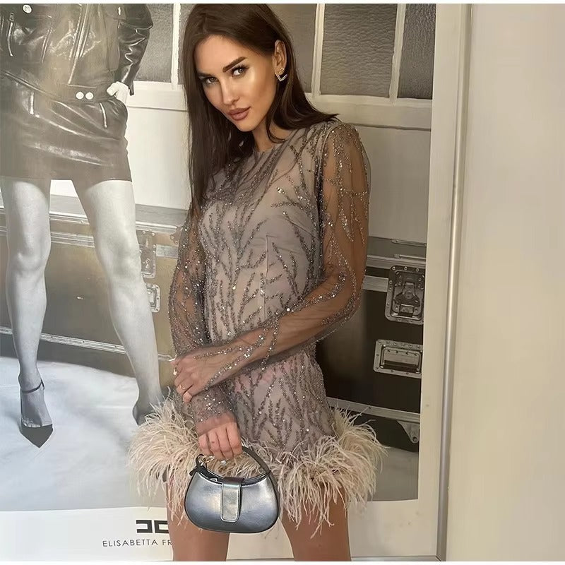 Elegant Feathers Mesh O-neck Long Sleeve Hem Sequins Mini Dress
