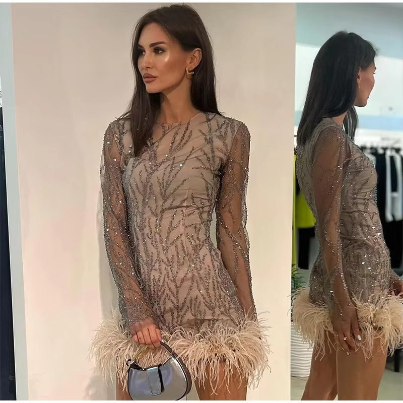 Elegant Feathers Mesh O-neck Long Sleeve Hem Sequins Mini Dress