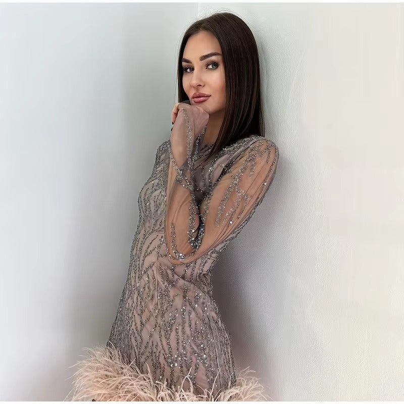 Elegant Feathers Mesh O-neck Long Sleeve Hem Sequins Mini Dress