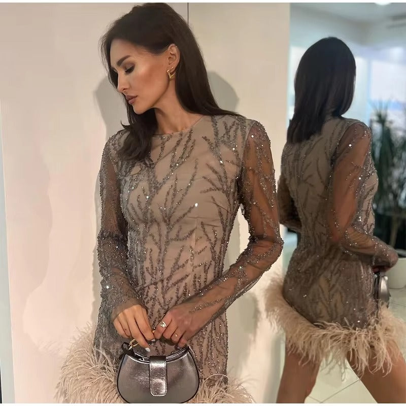 Elegant Feathers Mesh O-neck Long Sleeve Hem Sequins Mini Dress