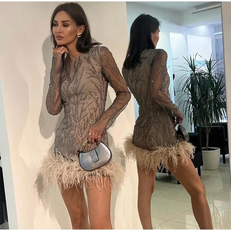 Elegant Feathers Mesh O-neck Long Sleeve Hem Sequins Mini Dress