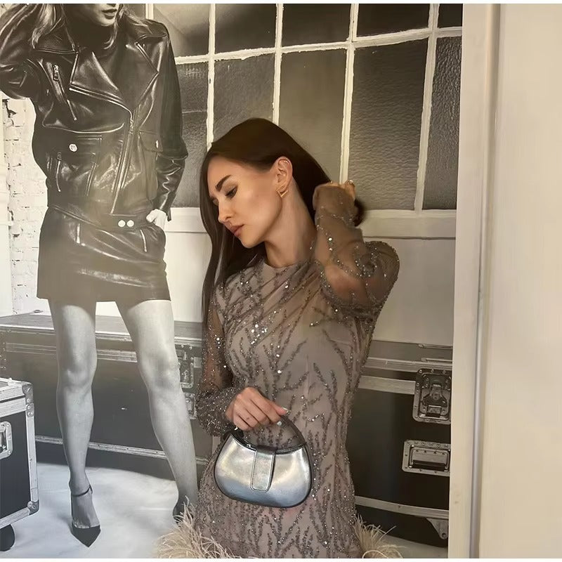 Elegant Feathers Mesh O-neck Long Sleeve Hem Sequins Mini Dress