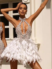 Elegant Feathers Sequins Patchwork Design Cocktail Prom Mini Dress