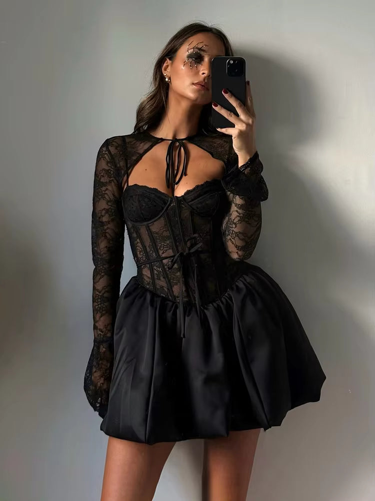 Elegant Fishbone Splice Long Sleeve A-line Lace Bandage Mini Dress