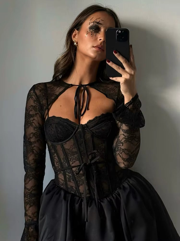 Elegant Fishbone Splice Long Sleeve A-line Lace Bandage Mini Dress