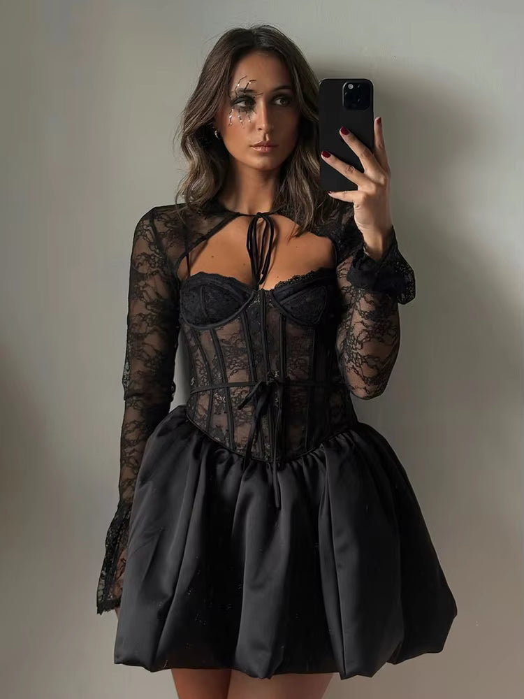 Elegant Fishbone Splice Long Sleeve A-line Lace Bandage Mini Dress