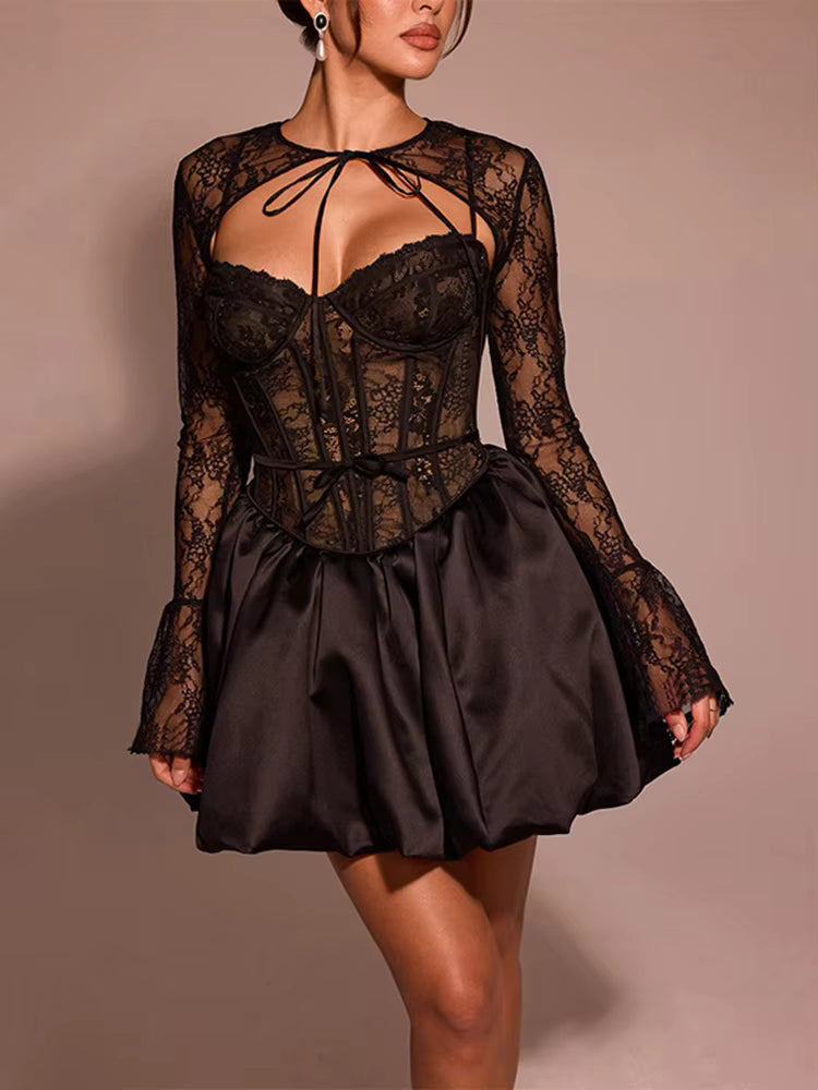 Elegant Fishbone Splice Long Sleeve A-line Lace Bandage Mini Dress