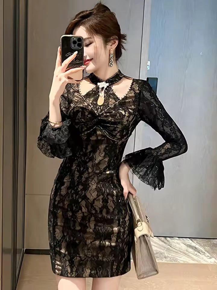 Elegant Flare Sleeve Slim Shiny Sequin zipper Evening Mini Dress
