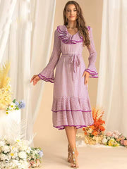 Elegant Flare Sleeved Ruffles Lace Up Slim Plaid Midi Dress