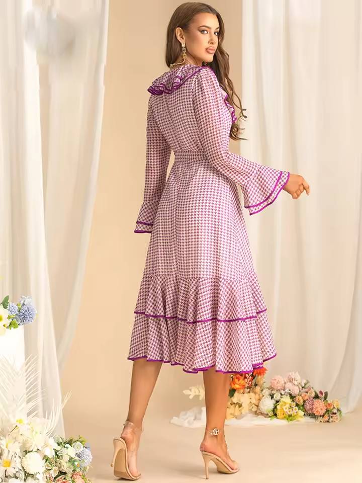 Elegant Flare Sleeved Ruffles Lace Up Slim Plaid Midi Dress