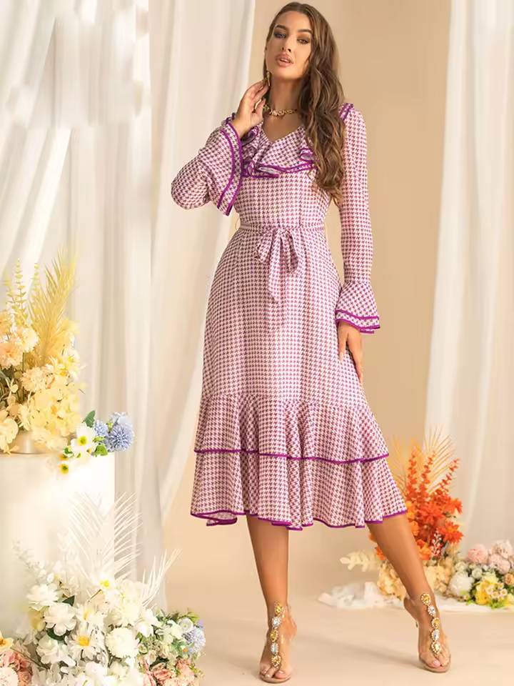 Elegant Flare Sleeved Ruffles Lace Up Slim Plaid Midi Dress