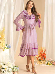 Elegant Flare Sleeved Ruffles Lace Up Slim Plaid Midi Dress