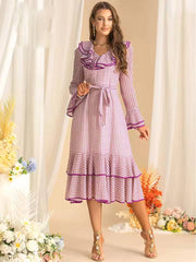 Elegant Flare Sleeved Ruffles Lace Up Slim Plaid Midi Dress