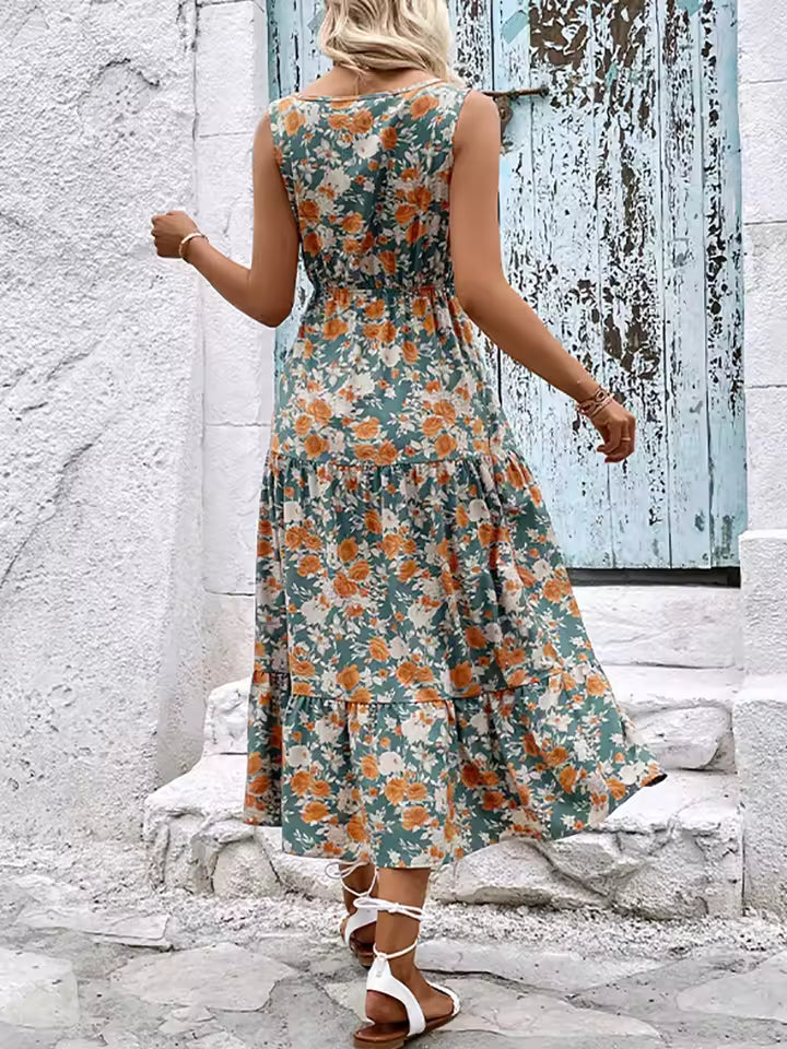 Elegant Floral Bandage Sleeveless Ruffle Beach Style Maxi Dress