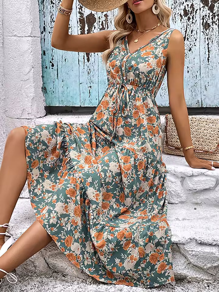 Elegant Floral Bandage Sleeveless Ruffle Beach Style Maxi Dress
