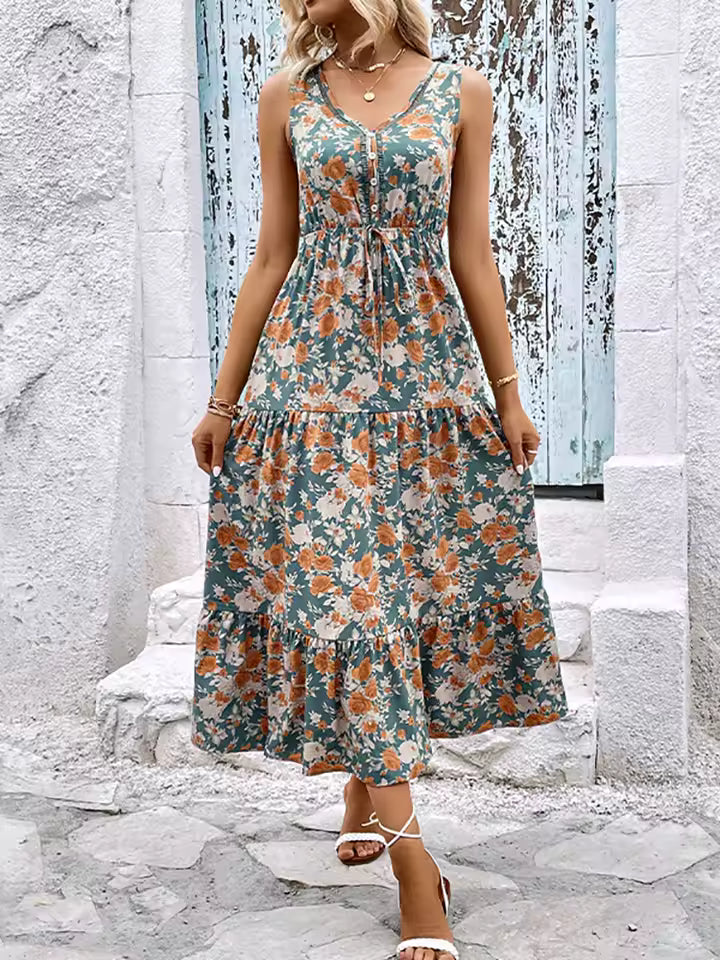 Elegant Floral Bandage Sleeveless Ruffle Beach Style Maxi Dress