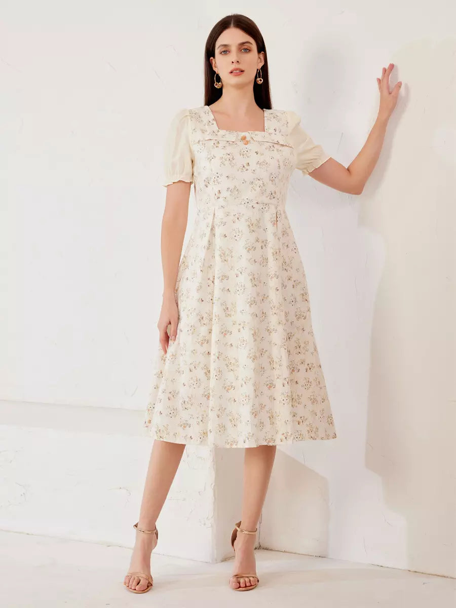 Elegant Floral Cottage Square Neck Puff Sleeves  A-Line Midi Dress