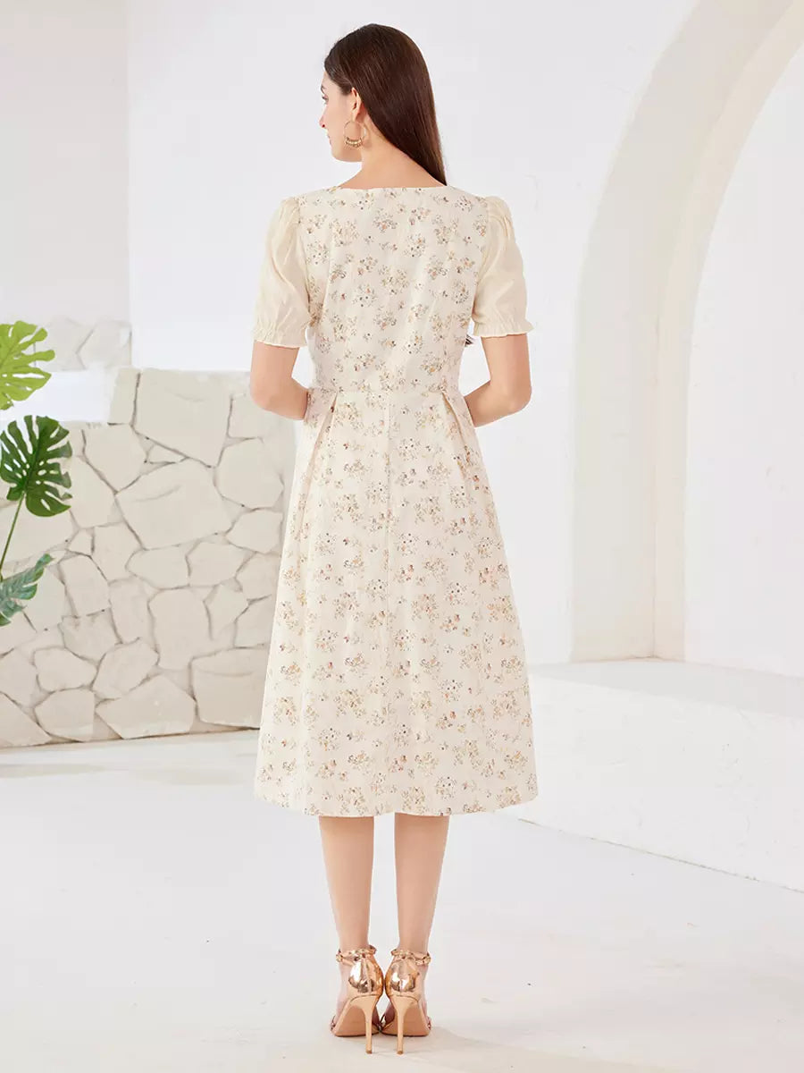 Elegant Floral Cottage Square Neck Puff Sleeves  A-Line Midi Dress