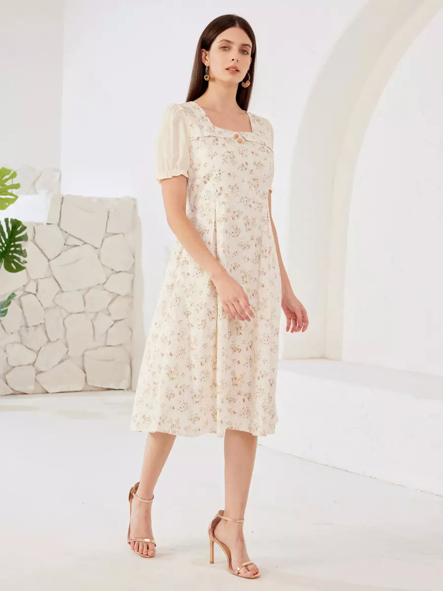 Elegant Floral Cottage Square Neck Puff Sleeves  A-Line Midi Dress