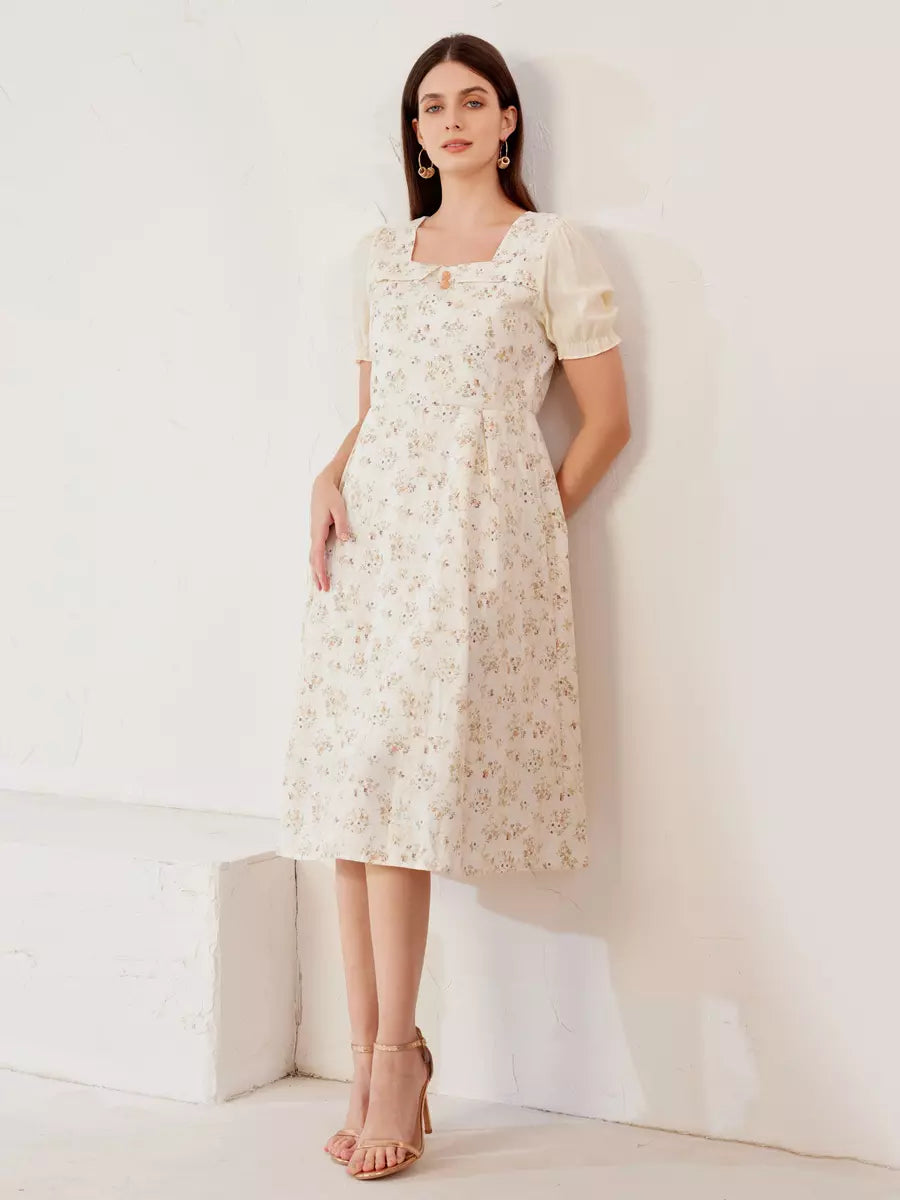 Elegant Floral Cottage Square Neck Puff Sleeves  A-Line Midi Dress