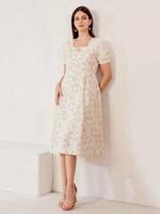 Elegant Floral Cottage Square Neck Puff Sleeves  A-Line Midi Dress