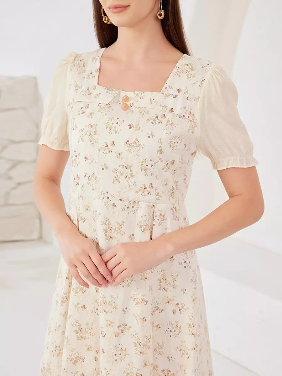 Elegant Floral Cottage Square Neck Puff Sleeves  A-Line Midi Dress