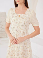 Elegant Floral Cottage Square Neck Puff Sleeves  A-Line Midi Dress