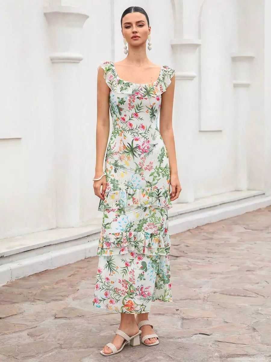 Elegant Floral Design Print Sleeveless With Layered Long Maxi Dress