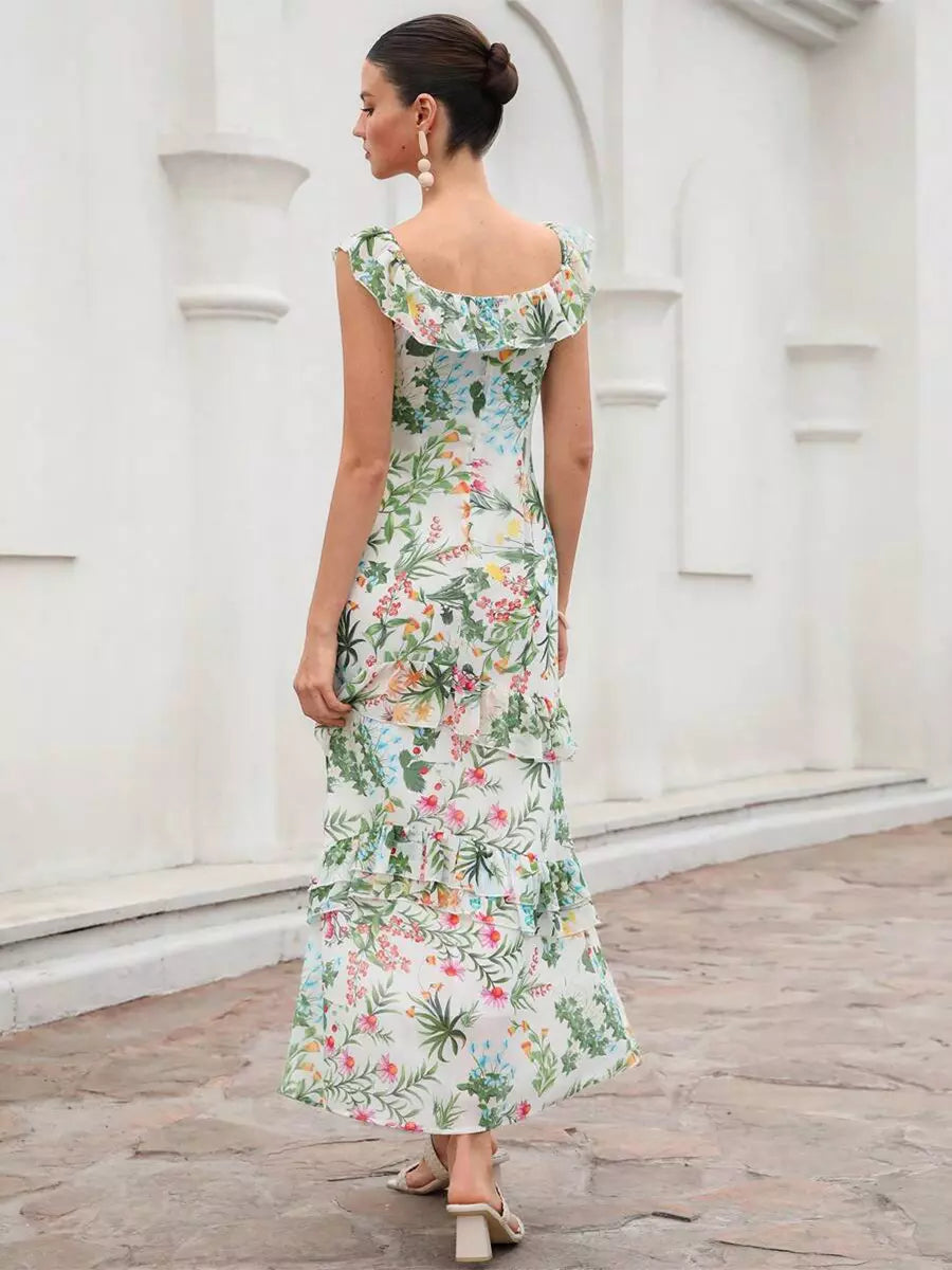Elegant Floral Design Print Sleeveless With Layered Long Maxi Dress
