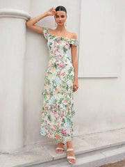 Elegant Floral Design Print Sleeveless With Layered Long Maxi Dress