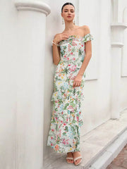 Elegant Floral Design Print Sleeveless With Layered Long Maxi Dress
