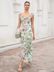 Elegant Floral Design Print Sleeveless With Layered Long Maxi Dress