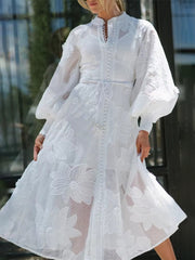 Elegant Floral Embroidery Stand Collar Lantern Sleeve High Waist Patchwork Lace Up Loose Dress