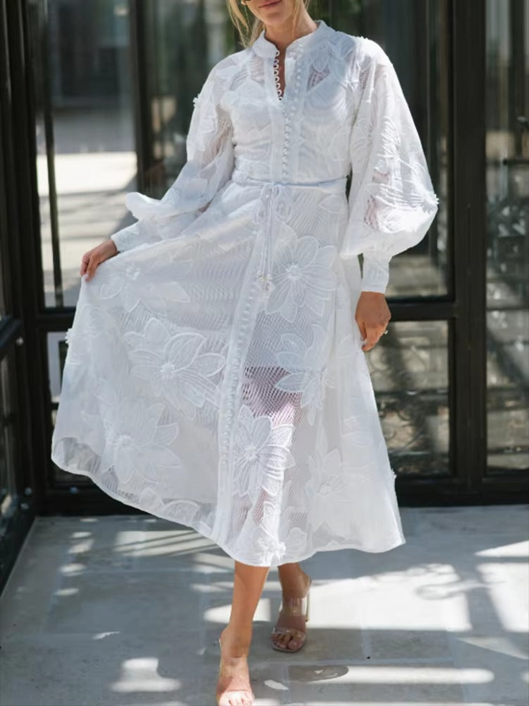 Elegant Floral Embroidery Stand Collar Lantern Sleeve High Waist Patchwork Lace Up Loose Dress