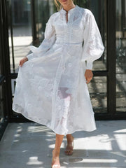 Elegant Floral Embroidery Stand Collar Lantern Sleeve High Waist Patchwork Lace Up Loose Dress