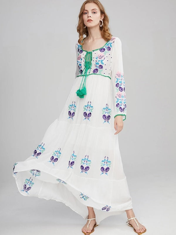 Elegant Floral Embroidery V Neck Long Sleeve Beach Dress