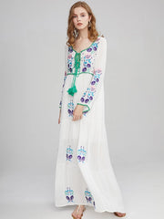 Elegant Floral Embroidery V Neck Long Sleeve Beach Dress