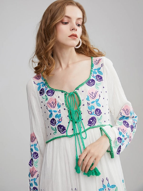 Elegant Floral Embroidery V Neck Long Sleeve Beach Dress