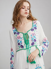 Elegant Floral Embroidery V Neck Long Sleeve Beach Dress