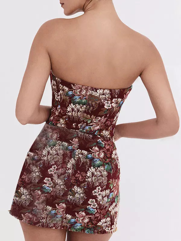 Elegant Floral Jacquard Tube Strapless Sleeveless Mini Dress