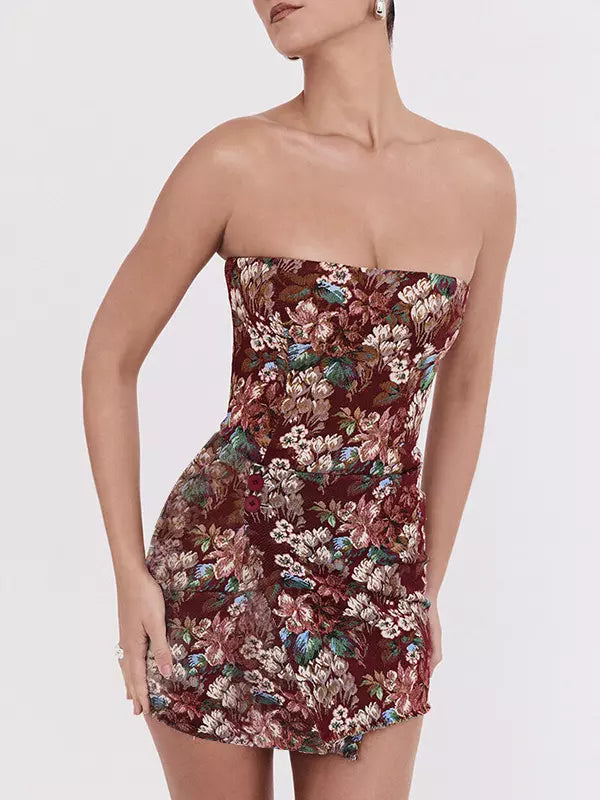 Elegant Floral Jacquard Tube Strapless Sleeveless Mini Dress