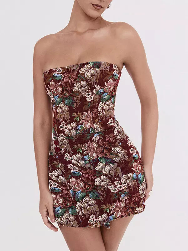 Elegant Floral Jacquard Tube Strapless Sleeveless Mini Dress