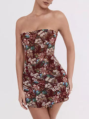 Elegant Floral Jacquard Tube Strapless Sleeveless Mini Dress