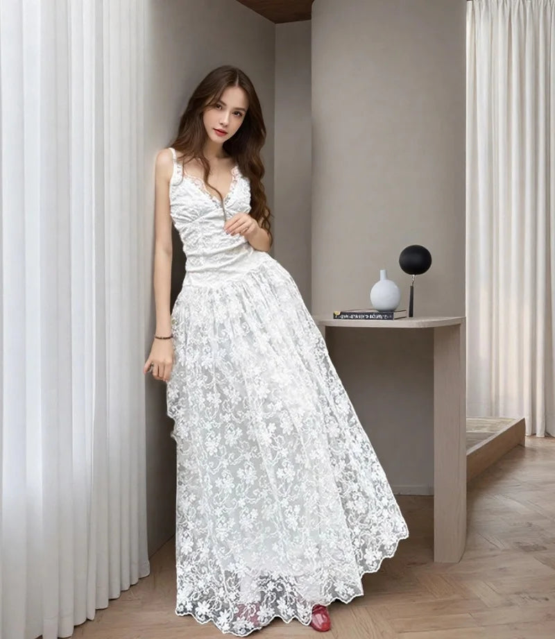 Elegant Floral Lace Up Sheer Cocktail Prom Slip Maxi Dresses