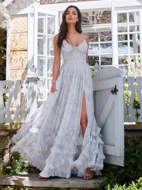 Elegant Floral Layered Ruffles Open Shoulder High Slit Strap Maxi Dress