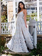 Elegant Floral Layered Ruffles Open Shoulder High Slit Strap Maxi Dress