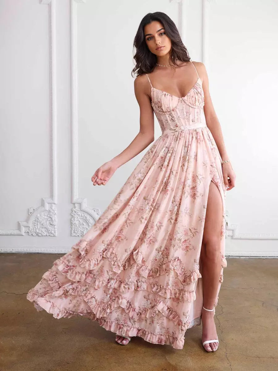 Elegant Floral Layered Ruffles Open Shoulder High Slit Strap Maxi Dress