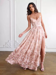 Elegant Floral Layered Ruffles Open Shoulder High Slit Strap Maxi Dress