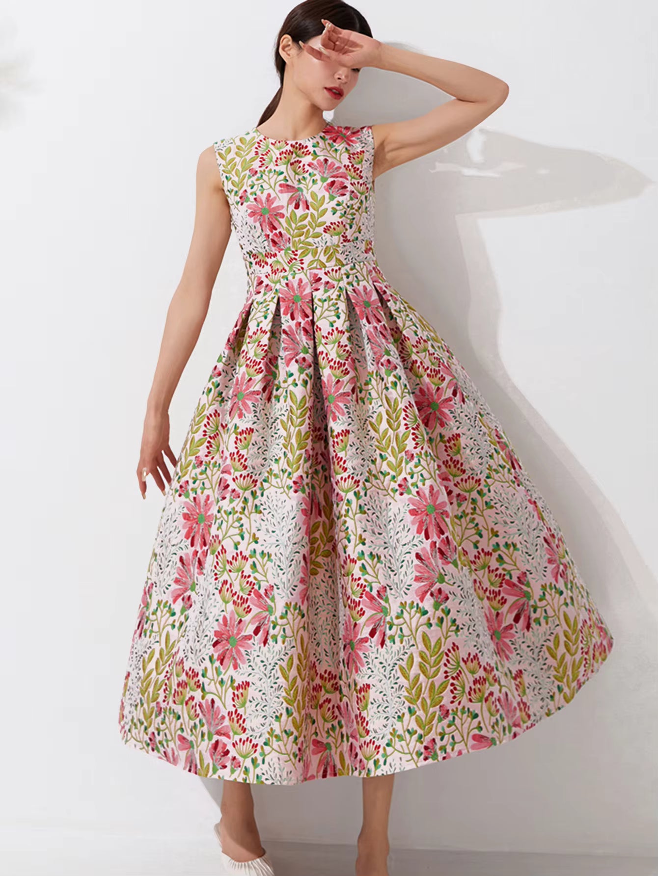 Elegant Floral Luxury Design Jacquard Party Prom Tea-Length Dress