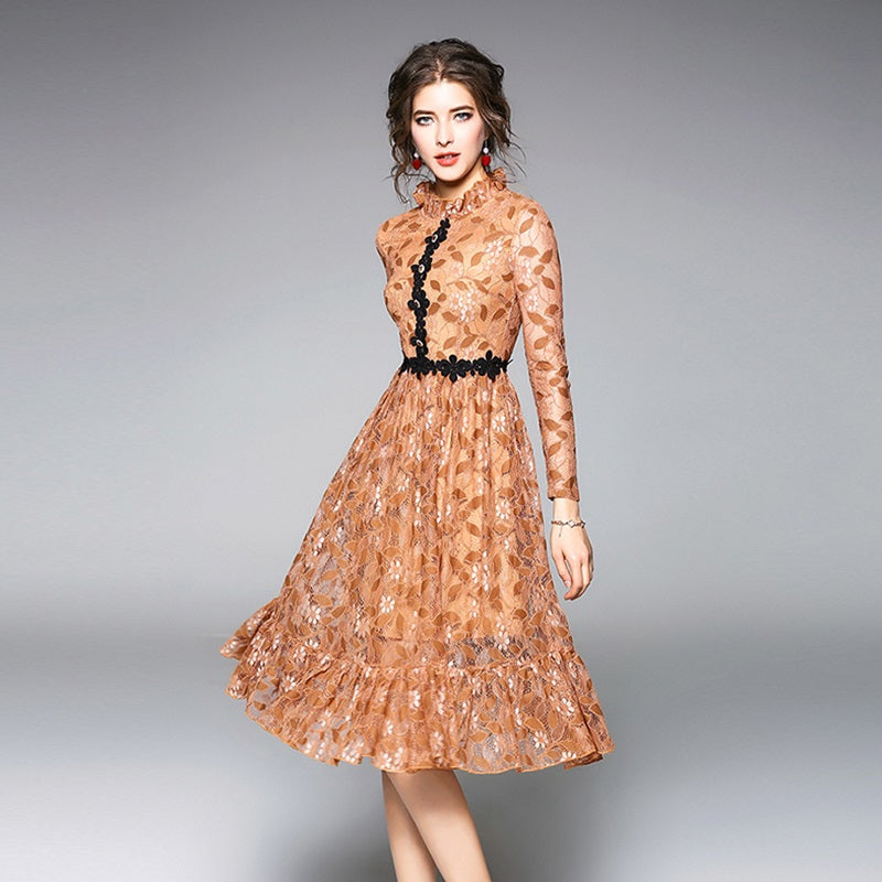 Elegant Floral Office Lady Lace Dress